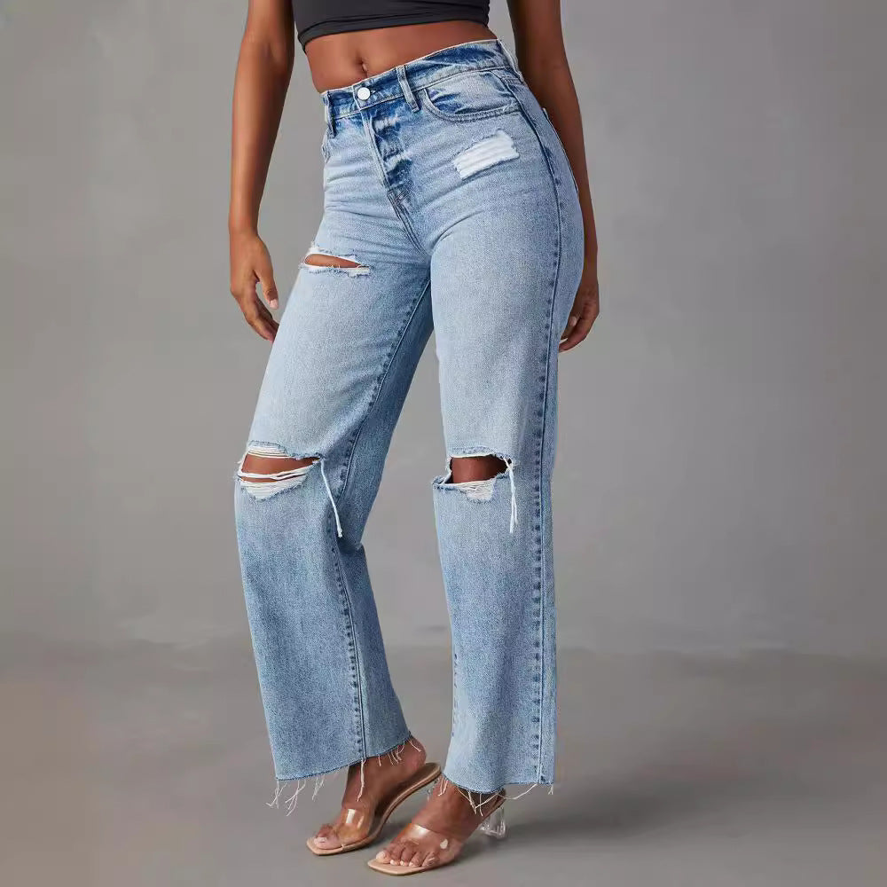 outfit ideas Xintang Jeans Women's 2024 New Ripped High Waist Straight Jeans Washed Worn Fashion Jeans