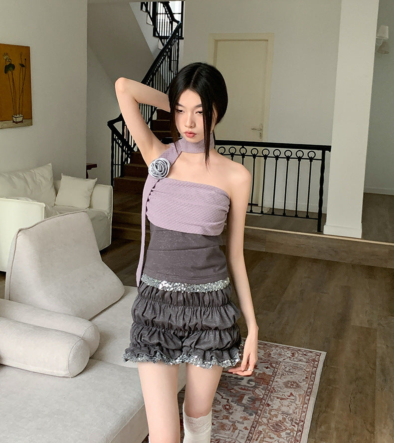 casual outfits Purple Gray Flash Point Tube Top + Gray Flash Point Lantern Shorts Fashion Two-Piece Set