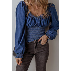 teacher outfits Fall 2024 Retro Trendy V-neck Denim Pullover Women's Fashionable Pleated Ruffled Long Sleeve Top Women