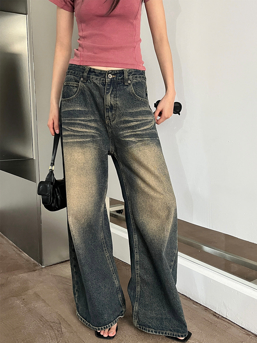 going out outfits Retro Trendy Casual Washed Old Loose Draping Straight Slimming Cat Beard Denim Wide Leg Pants