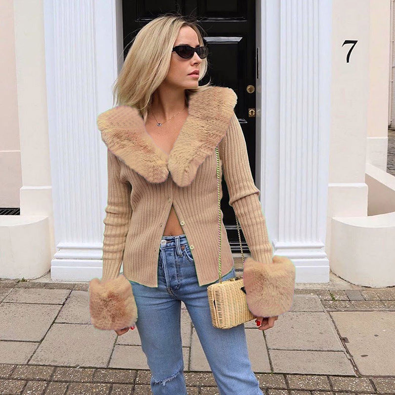 2000s fashion Fashion Casual Sexy Fur Collar Knitted Long-Sleeved Coat Female 2024 Temperament All-Match Top