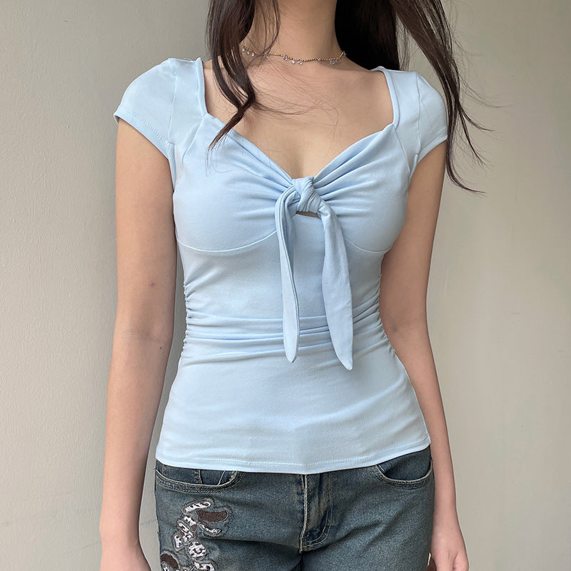 2000s fashion French Gentle Style Bow Chest T-shirt Pleated Waist Slimming Cute Rabbit Ears Lace-up V-neck All-Match Top