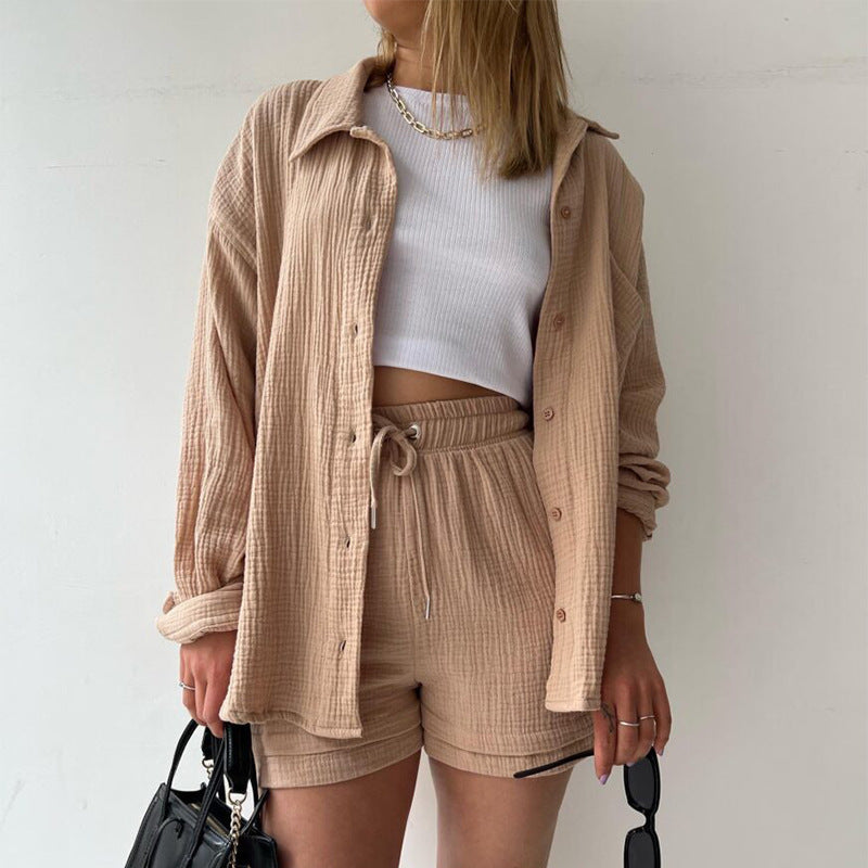 going out outfits 2024 Women's Ruffle Lapel Long Sleeve Shirt High Waist Drawstring Shorts Fashion Casual Two-Piece Set