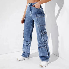 outfit Women's Jeans Overalls High Waist Flap Pocket Women's Pants Loose Fit Women's Pants