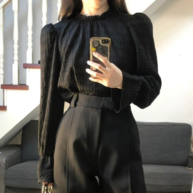 work outfits women Yujie Style Texture Long-Sleeved Shirt Suit Women's Autumn High Waist Straight Wide-Leg Pants Elegant Black Lantern Sleeve Top