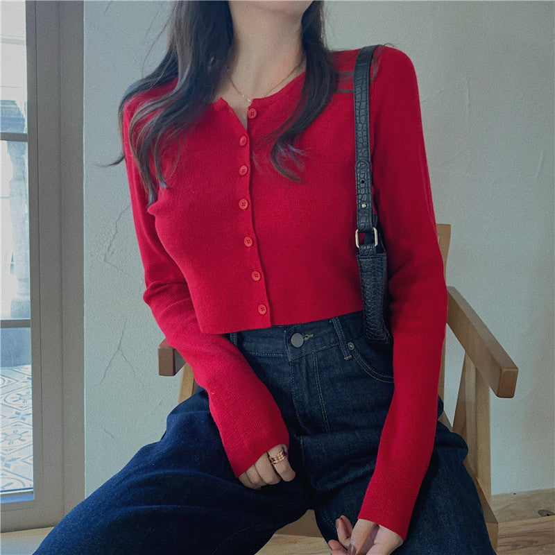 midi skirt outfit fall High Waist Single-Breasted Long-Sleeved Top Women's Spring Knitted Cardigan Slim Slimming Short