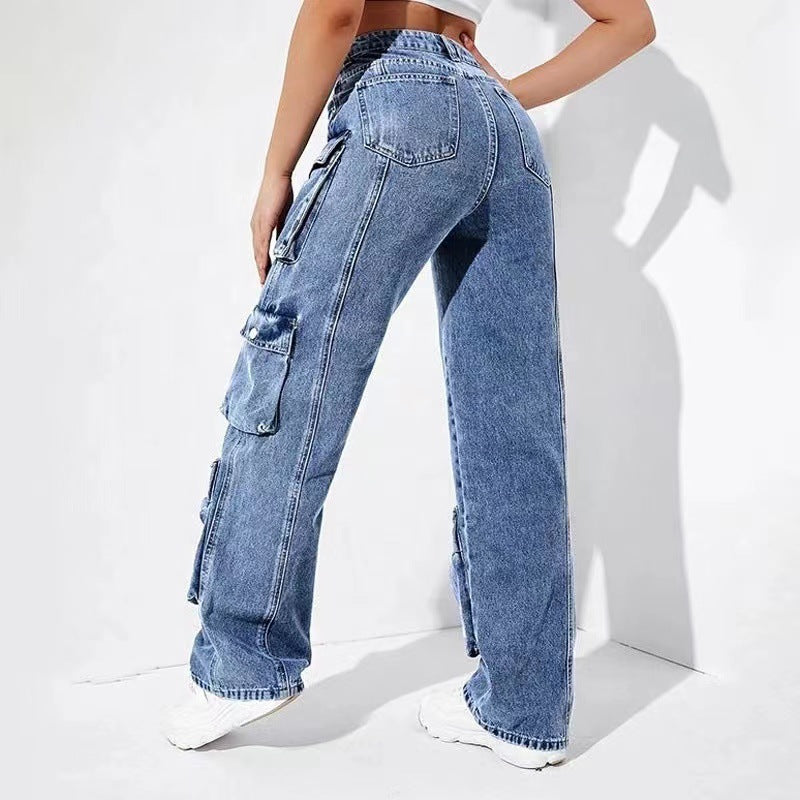 outfit Women's Jeans Overalls High Waist Flap Pocket Women's Pants Loose Fit Women's Pants