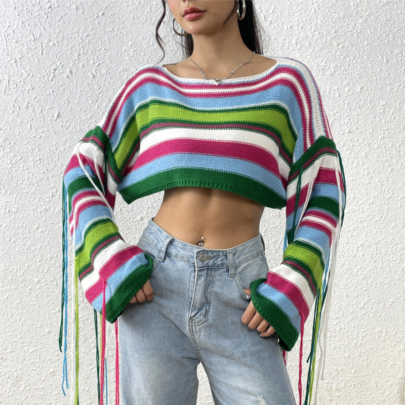 outfit inspo Women's New Rainbow Striped Tassel Sweater Sexy Ultra-Short Cropped Loose Sweater