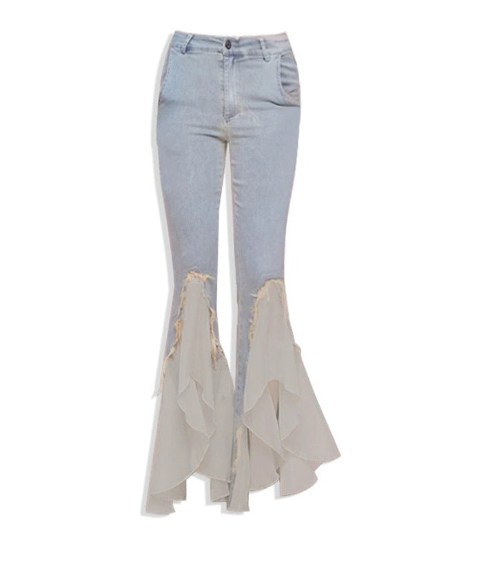 fruitful fashion dress to impress Light-Colored Mesh Stitching Split Skinny Jeans for Women Spring and Autumn 2024 New Elastic Slim Slimming Flared Pants