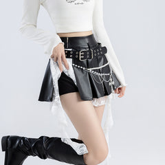 cybergoth dress to impress Hot Girl Style American Lace Ribbon Stitching PU Leather Skirt Women's Sexy Sweet Cool Wear Motorcycle Pleated Skirt