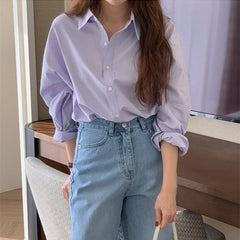 business casual outfits Purple French Style Shirt Women's Spring and Autumn 2024 New Casual Korean Style Shirt Niche Slim-Fit Long-Sleeved Top