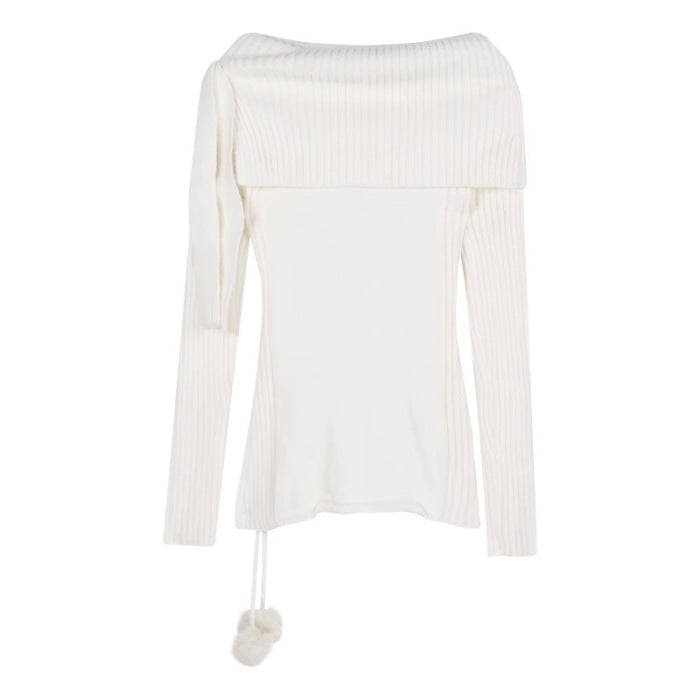 dream clothes Korean-Style White off-Shoulder Long-Sleeved Sweater Women's Autumn off-Shoulder Bow Sweater Slim-Fit Short Bottoming Top