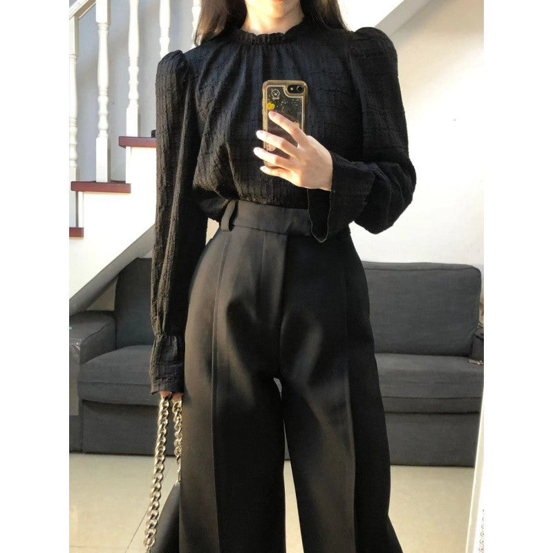 business casual outfits Suit Women's 2024 Autumn New High-Grade Lantern Sleeve Shirt Design Top High Waist Slimming Suit Trousers