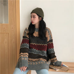 cold weather outfits Retro Japanese round Neck Pullover Women's Autumn and Winter Korean Style Lazy Style Loose Long Sleeve Sweater Coat