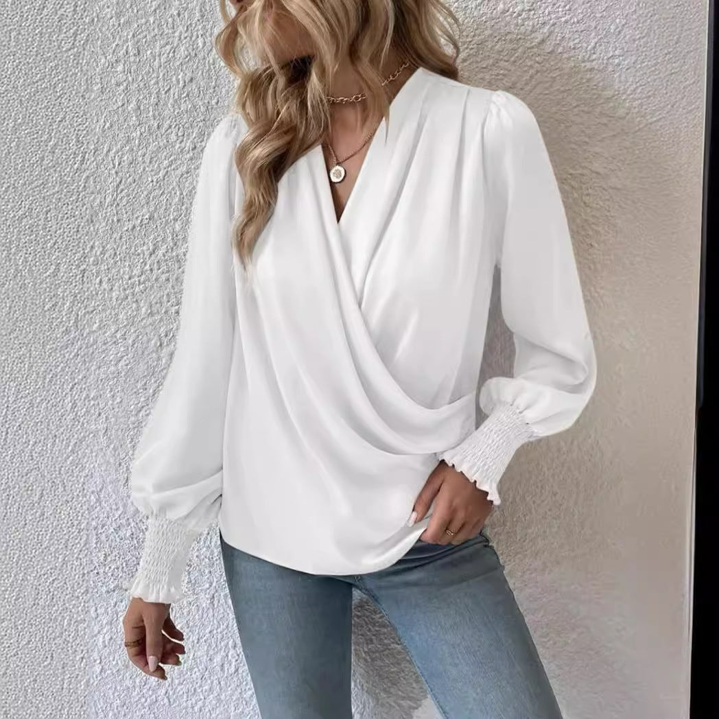 business casual outfits for women Women's Elegant Women's V-neck Lantern Sleeve Elegant Commuter Women's Solid Color Shirt