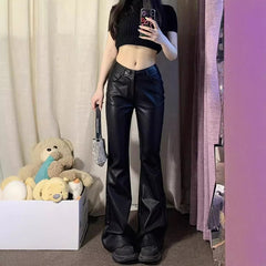 going out outfits Black Micro Flared Leather Pants for Women plus Size Chubby Girl Autumn High Waist PU Leather American Hot Girl Tall Straight Mop Pants