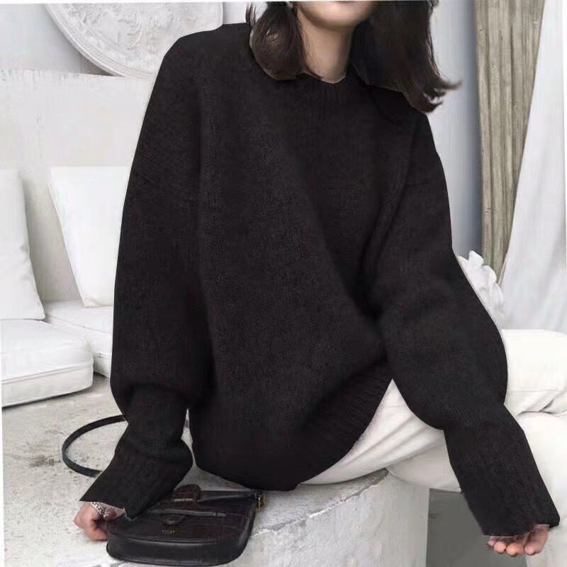 datenight fall outfits Korean Style Large Lazy Style round Neck Pullover Women's Autumn and Winter Solid Color Loose Bottoming Sweater Women