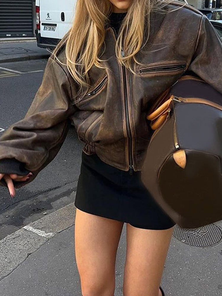 2000s fashion New Loose Retro American Coat Brown Lapel Short Motorcycle Jacket Casual Street Leather Coat