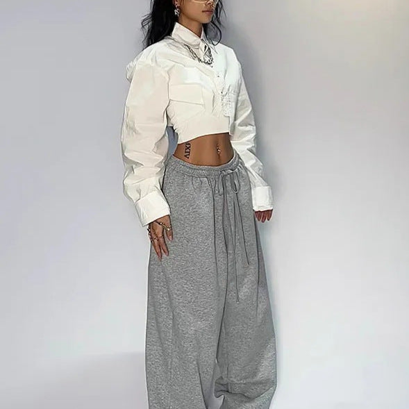 outfit inspo Y2g American Retro Gray Wide Leg Sweatpants Women's Hip Hop Jazz Dance Sports Pants Loose Casual Pants