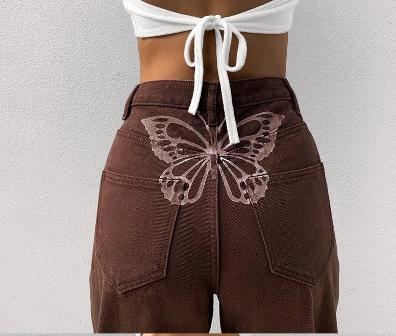 2000s fashion Straight Mid-Waist Urban Casual Washed Butterfly Print Women's Denim Trousers