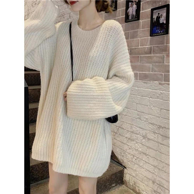 dress to impress outfits Retro Hong Kong Style Pullover Thick Line Sweater Women's Mid-Length Solid Color Loose Lazy Style Knitted Top Coat Fashion