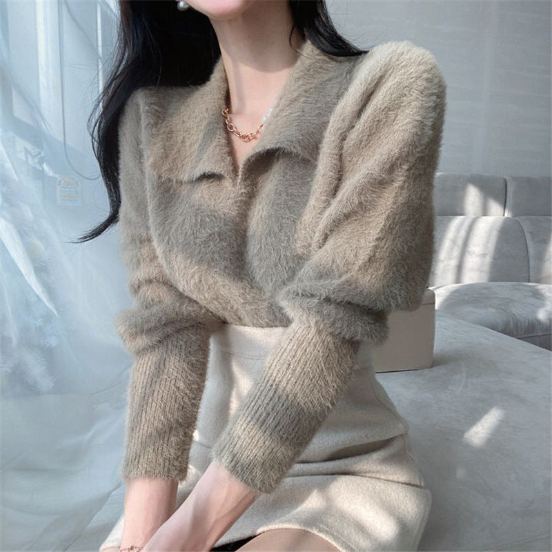 fall outfits women aesthetic Chic Gentle Style Elegant Faux Mink Fur Polo Collar Long Sleeve Dopamine Sweater Women's Short Knitted Top