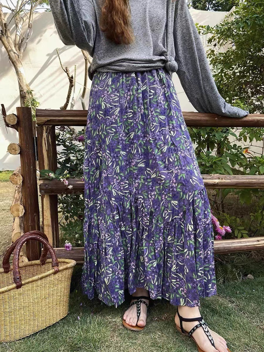 teacher outfits Spring and Summer High Waist Large Swing Skirt Loose Slimming Retro A- line Skirt Floral Pleated Skirt