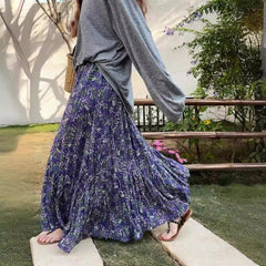 teacher outfits Spring and Summer High Waist Large Swing Skirt Loose Slimming Retro A- line Skirt Floral Pleated Skirt