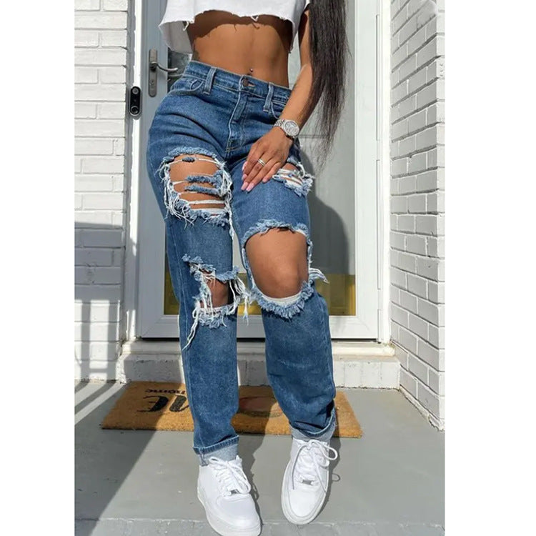 grunge outfits Women's Jeans Blue Washed Ripped Mid-Waist Street Hipster Denim Women