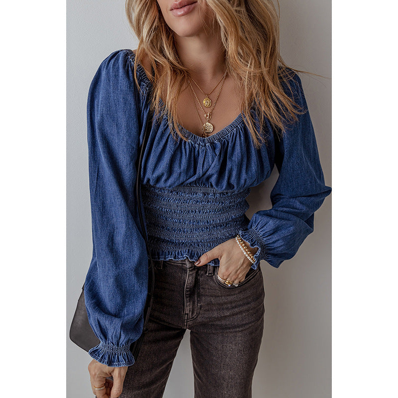 teacher outfits Fall 2024 Retro Trendy V-neck Denim Pullover Women's Fashionable Pleated Ruffled Long Sleeve Top Women