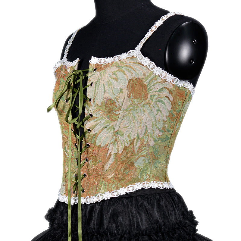 koi fish dress to impress Autumn and Winter Women's Clothing French Retro Oil Painting Jacquard Embroidered Camisole Fishbone Corset Lace Lace-up Corset