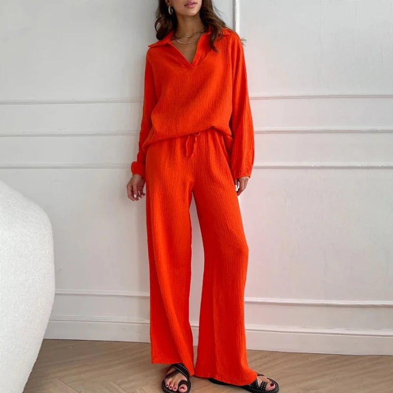 fashion outfits Elegant Ladies Casual Loose Suit Women's Long-Sleeved Top + Drawstring Trousers Suit Spring and Autumn Turn-down Collar Two-Piece Set