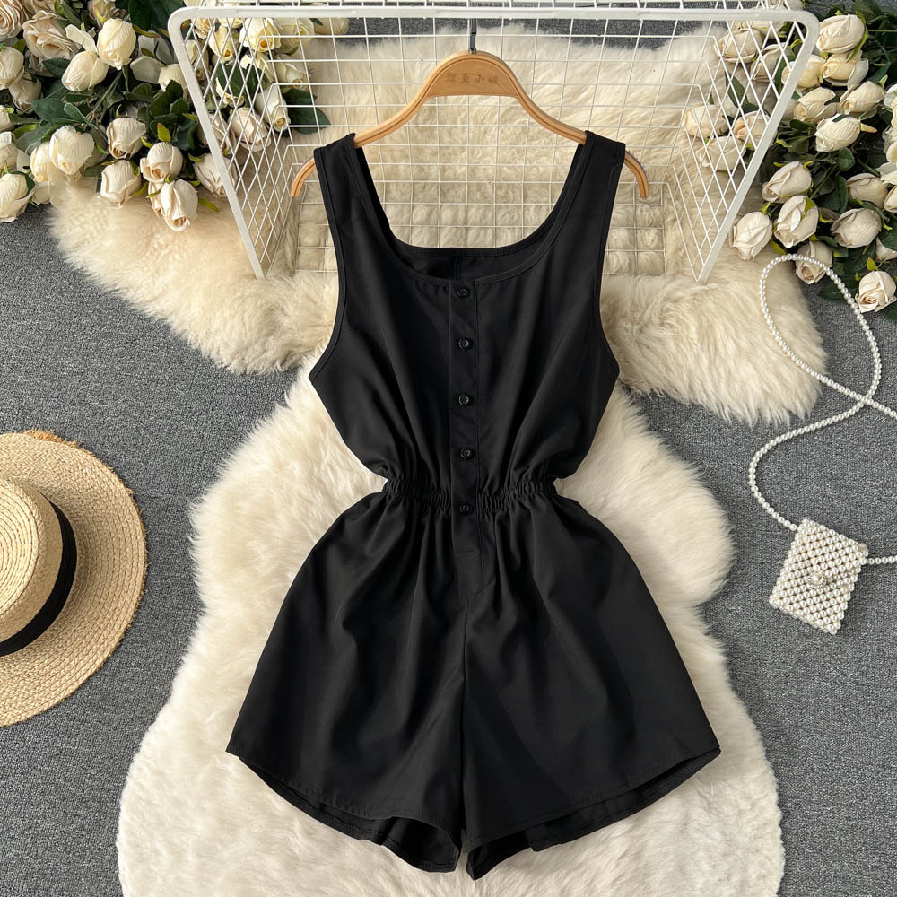 going out outfits Summer New Ins Seaside Holiday Style Solid Color Wide-Leg One-Piece Shorts Women's Single-Breasted U-Neck Suspender Jumpsuit Pants