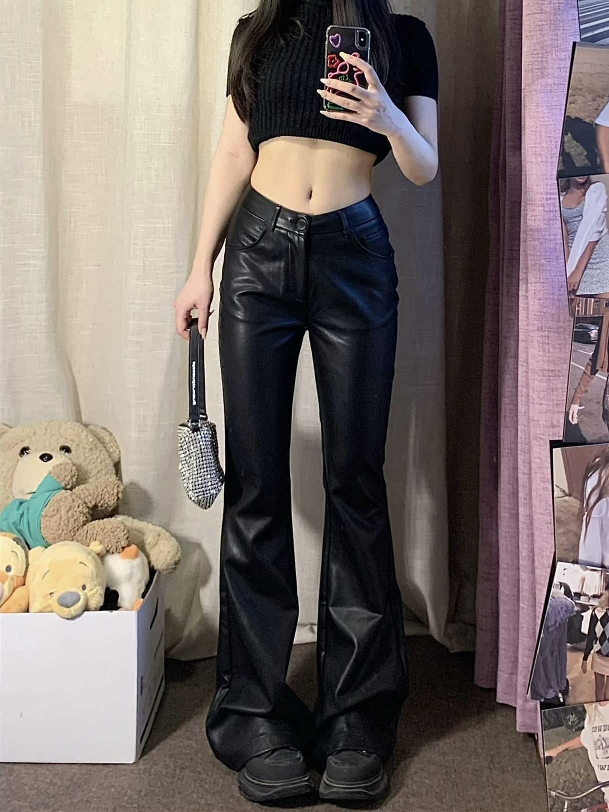 going out outfits Black Micro Flared Leather Pants for Women plus Size Chubby Girl Autumn High Waist PU Leather American Hot Girl Tall Straight Mop Pants