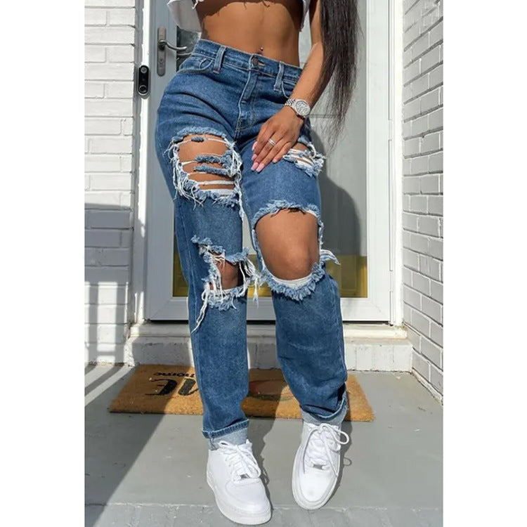 grunge outfits Women's Jeans Blue Washed Ripped Mid-Waist Street Hipster Denim Women