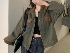 =fall outfits women aesthetic American Retro Trendy Sweet Cool Stitching Workwear Denim Coat Women's Autumn Korean Style Loose Casual All-Matching Jacket Fashion