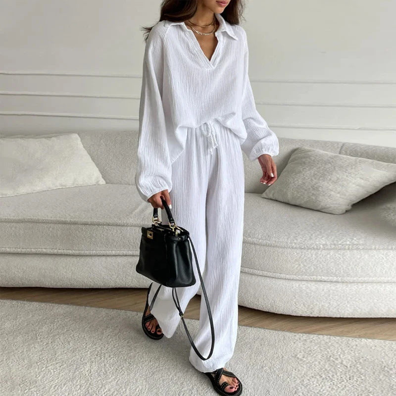 fashion outfits Elegant Ladies Casual Loose Suit Women's Long-Sleeved Top + Drawstring Trousers Suit Spring and Autumn Turn-down Collar Two-Piece Set