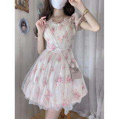 outfit inspo Pink Floral Dress Women's Summer 2024 New Elegant Socialite Sweet Waist Princess Style Fluffy Short Skirt