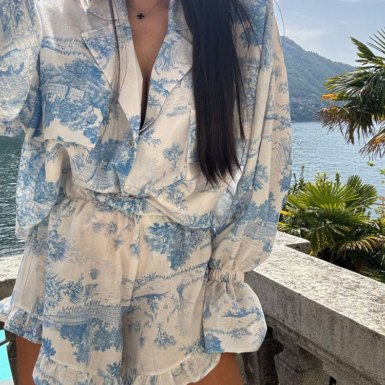 90s fashion Summer 2024 Suit Fashion Printed Bell Sleeve Shirt Top Shorts Ruffled Two-Piece Set