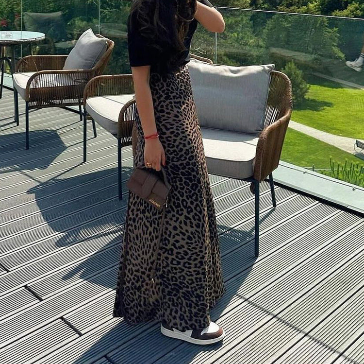 fall outfits women Satin Skirt Sexy Leopard Print Long Skirt High Waist Draping Silky Hip Skirt