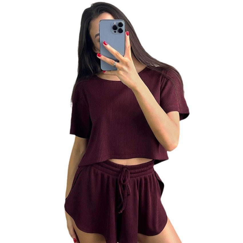 summer fits Spring New Knitted round Neck Black Women's Home Wear Casual Short Sleeve Shorts Pajamas Two-Piece Set