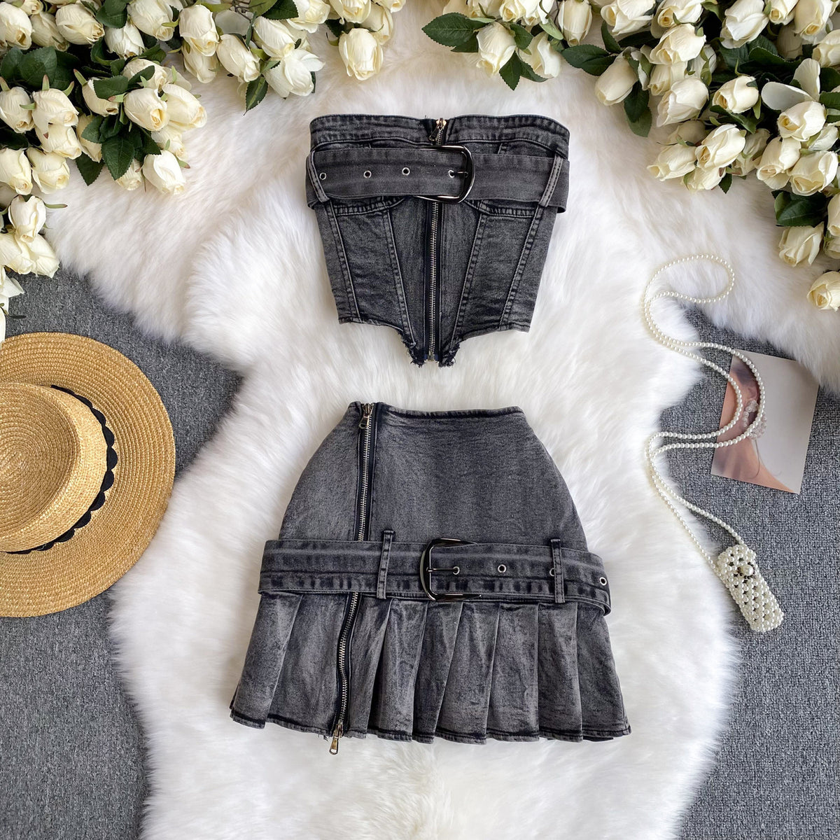 concert outfit dress to impress Hot Girl Fried Street Suit Women's Ins Wear American Slim Irregular Tube Top Vest Denim Pleated Skirt