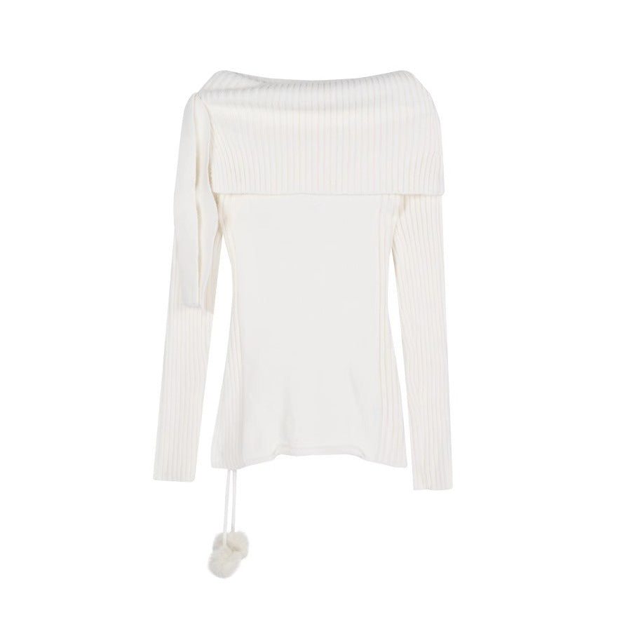 dream clothes Korean-Style White off-Shoulder Long-Sleeved Sweater Women's Autumn off-Shoulder Bow Sweater Slim-Fit Short Bottoming Top