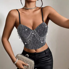 calico hair Camisole Sexy Nightclub Slim-Fit Tassel Diamond-Embedded Backless Vest Female 