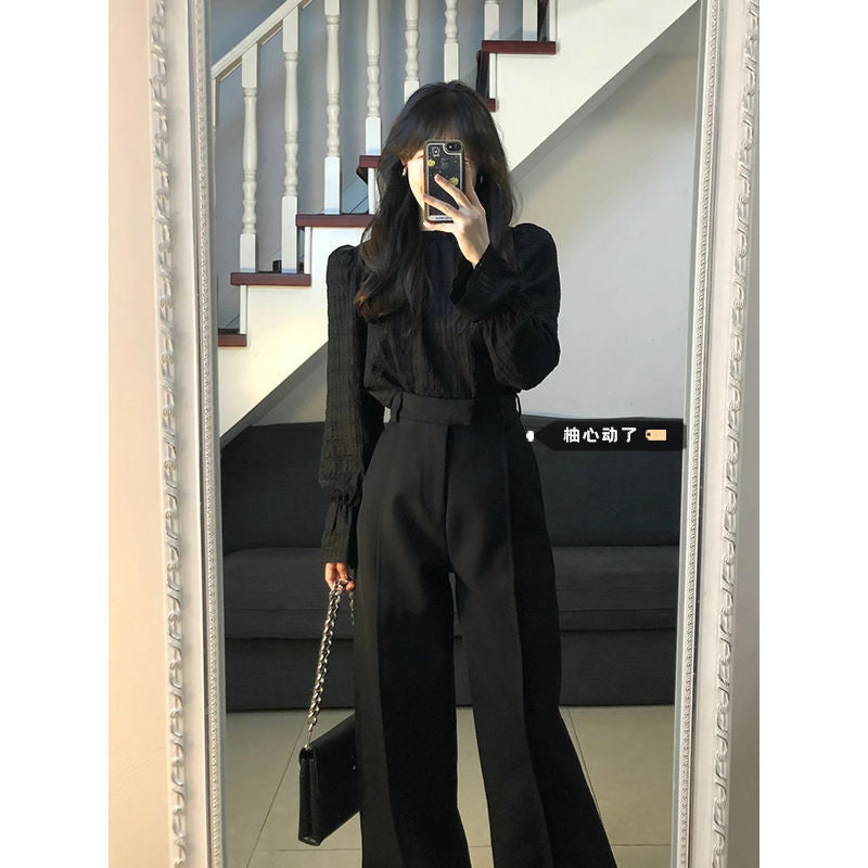 work outfits women Yujie Style Texture Long-Sleeved Shirt Suit Women's Autumn High Waist Straight Wide-Leg Pants Elegant Black Lantern Sleeve Top