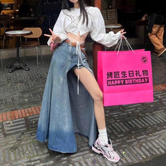 2000s fashion Large Slit Denim Skirt Women's Summer American Retro Niche Irregular High Waist Dress