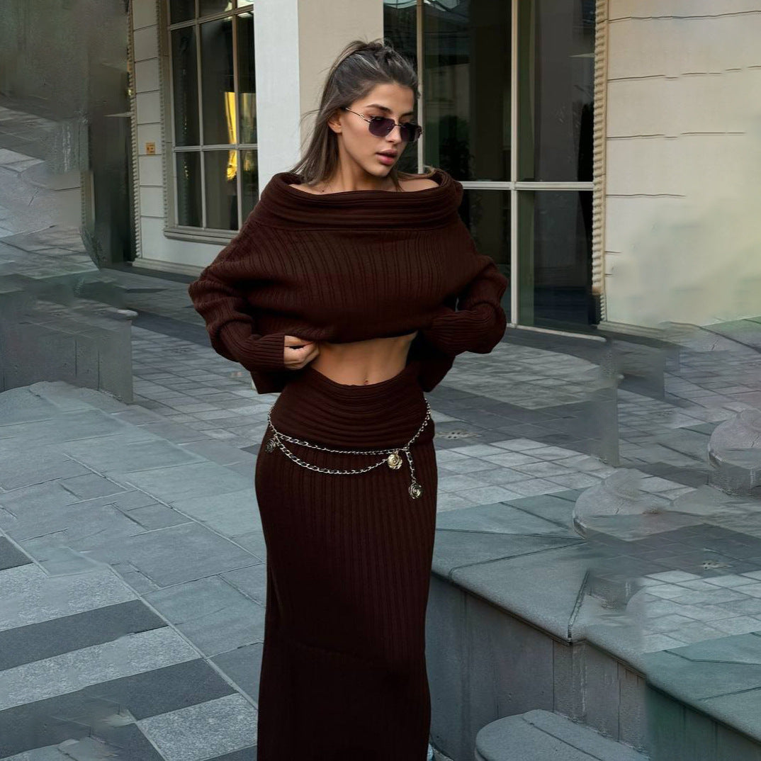 2000s fashion off-Shoulder Sexy High-Grade Woolen Top Skirt Suit Autumn and Winter Lazy Hot Girl Fashion Two-Piece Suit