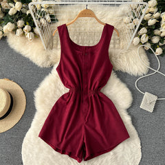 going out outfits Summer New Ins Seaside Holiday Style Solid Color Wide-Leg One-Piece Shorts Women's Single-Breasted U-Neck Suspender Jumpsuit Pants