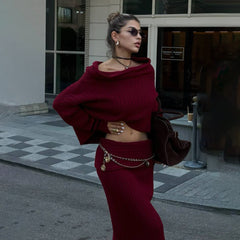 2000s fashion off-Shoulder Sexy High-Grade Woolen Top Skirt Suit Autumn and Winter Lazy Hot Girl Fashion Two-Piece Suit