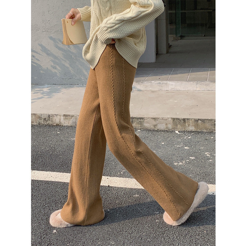 business casual outfits Hemp Pattern Knitted Wide-Leg Mopping Trousers for Women 2024 Autumn and Winter Loose Cover Slim Straight Casual Pants